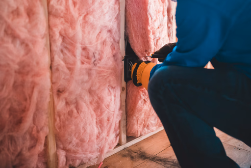 Insulation being fitted into a wall cavity on a Tampa Bay job